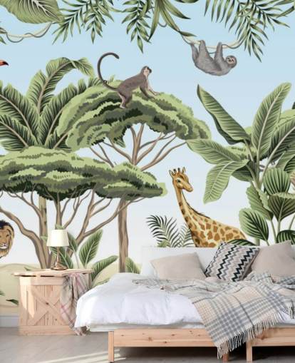 illustration vintage de lion, girafe, éléphant dans la jungle papier peint