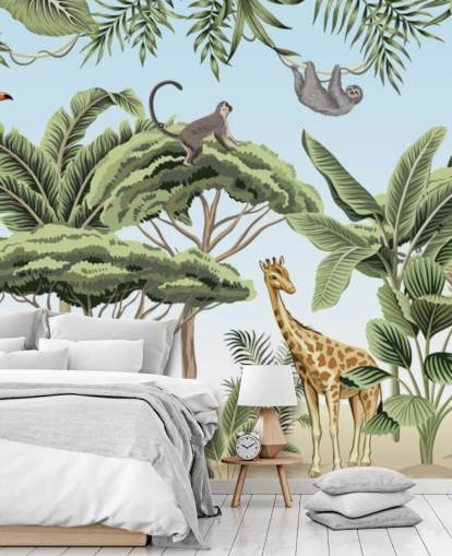 ilustración vintage de león, jirafa, elefante en la selva fondo de pantalla