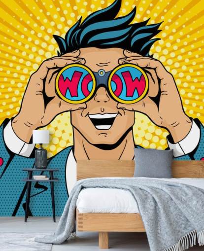 pop art man holding binoculars and saying wow