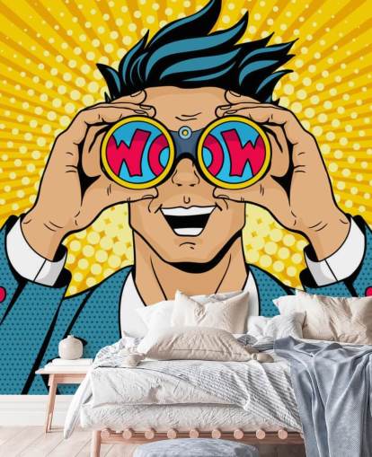 pop art man holding binoculars and saying wow