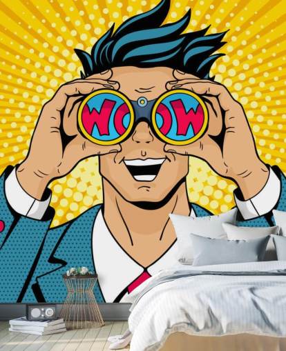 homme pop art tenant des jumelles et disant « wow » homme pop art tenant des jumelles et disant « wow »