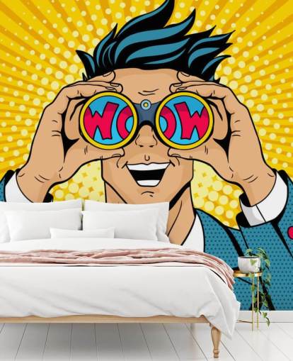 hombre del arte pop sosteniendo binoculares y diciendo: ¡guau!