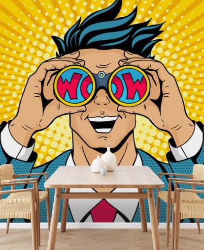 pop art man holding binoculars and saying wow