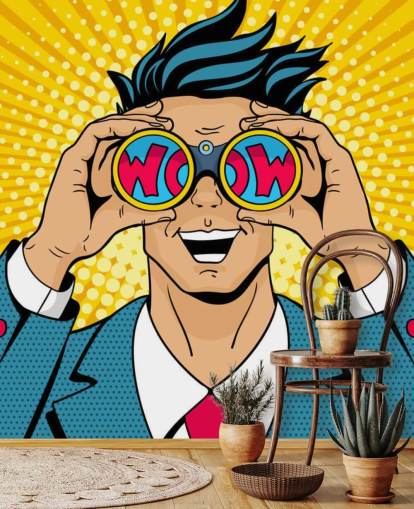 pop art man holding binoculars and saying wow