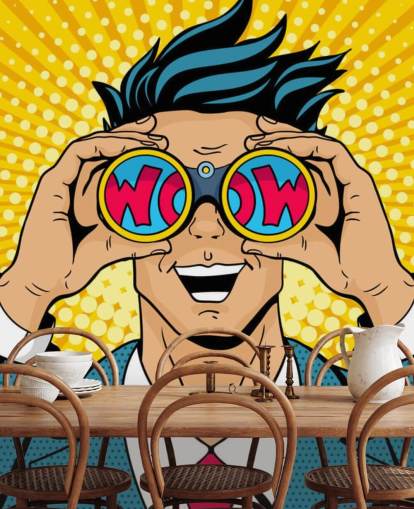 pop art man holding binoculars and saying wow pop art man holding binoculars and saying wow