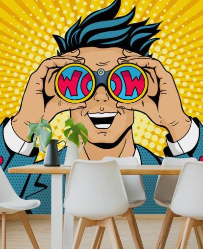 pop art man holding binoculars and saying wow