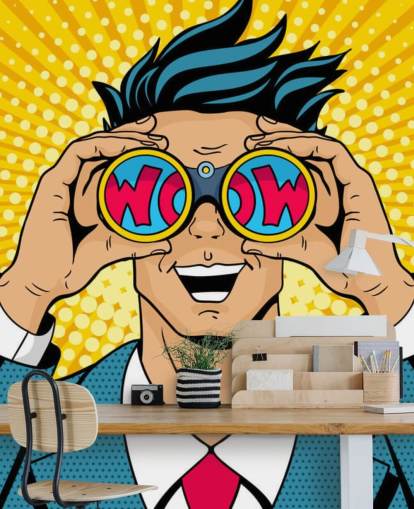 hombre del arte pop sosteniendo binoculares y diciendo: ¡guau!
