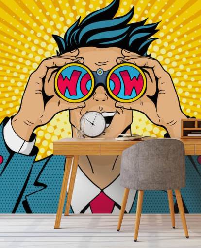 Pop-Art-Mann hält ein Fernglas und sagt wow Pop-Art-Mann hält ein Fernglas und sagt wow