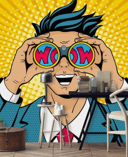 pop art man holding binoculars and saying wow
