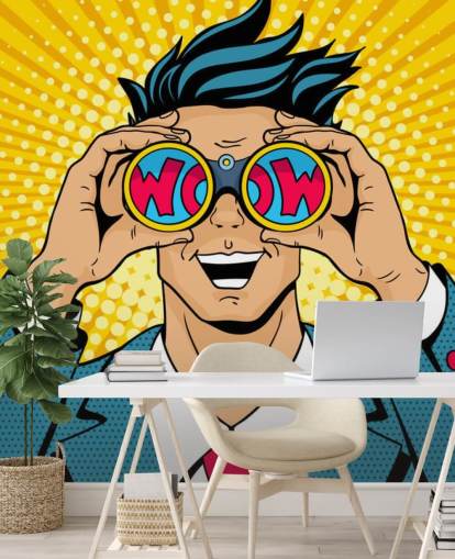 pop art man holding binoculars and saying wow