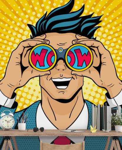 hombre del arte pop sosteniendo binoculares y diciendo: ¡guau!