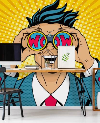 pop art man holding binoculars and saying wow
