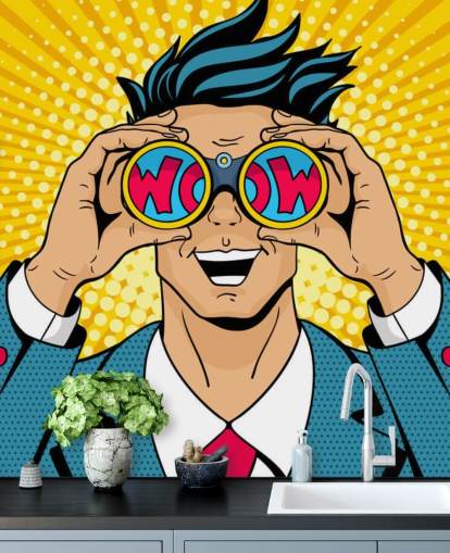 pop art man holding binoculars and saying wow