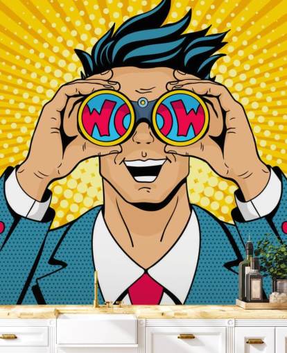 pop art man holding binoculars and saying wow