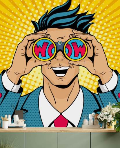 pop art man holding binoculars and saying wow pop art man holding binoculars and saying wow
