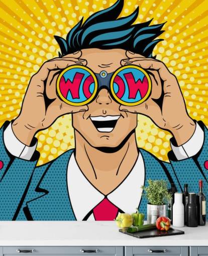 pop art man holding binoculars and saying wow