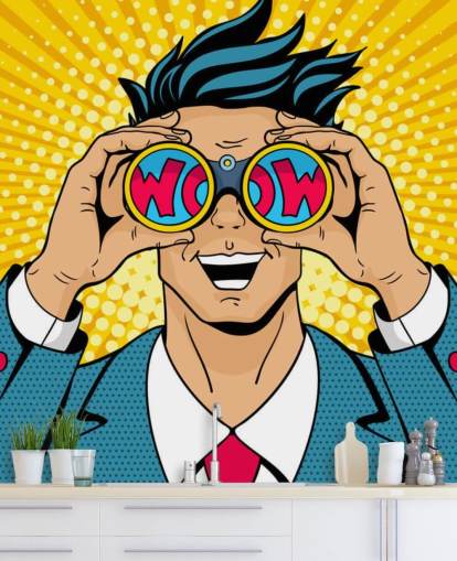 Pop-Art-Mann hält ein Fernglas und sagt wow