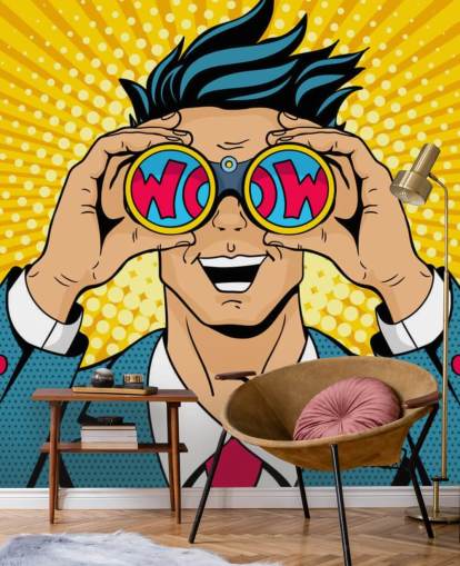pop art man holding binoculars and saying wow