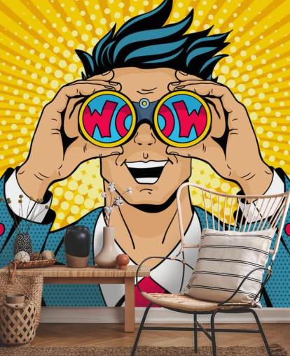 uomo pop art che tiene un binocolo e dice wow
