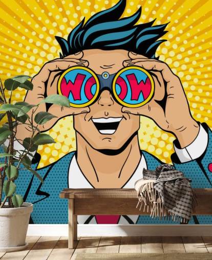 hombre del arte pop sosteniendo binoculares y diciendo: ¡guau!