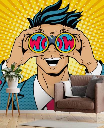 pop art man holding binoculars and saying wow