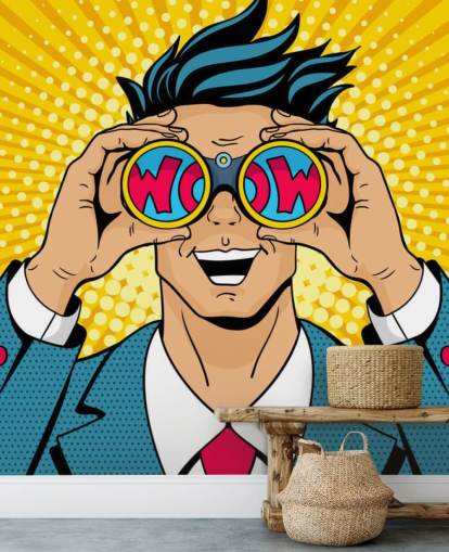 pop art man holding binoculars and saying wow