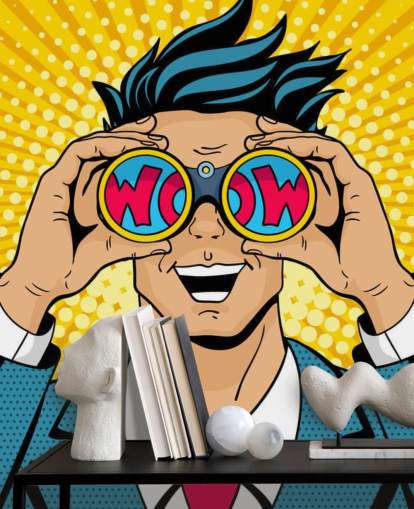 pop art man holding binoculars and saying wow