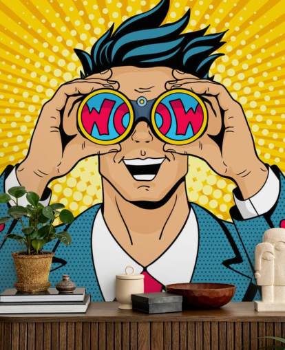 homem de arte pop segurando binóculos e dizendo uau