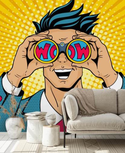 pop art man holding binoculars and saying wow