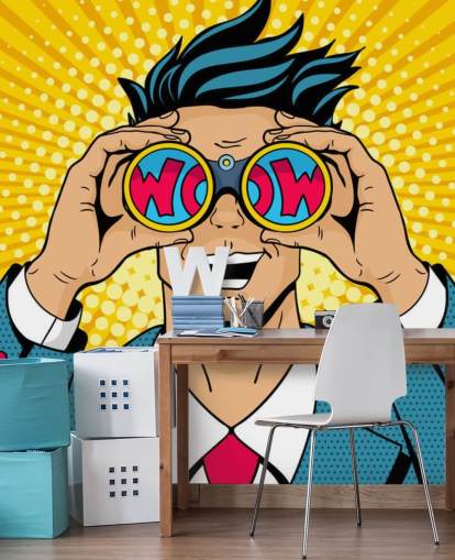 homem de arte pop segurando binóculos e dizendo uau
