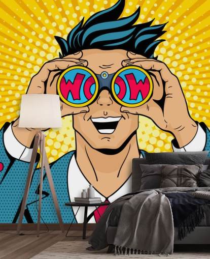 uomo pop art che tiene un binocolo e dice wow