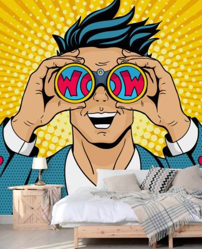 hombre del arte pop sosteniendo binoculares y diciendo: ¡guau!