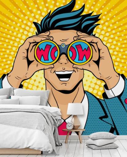 homem de arte pop segurando binóculos e dizendo uau