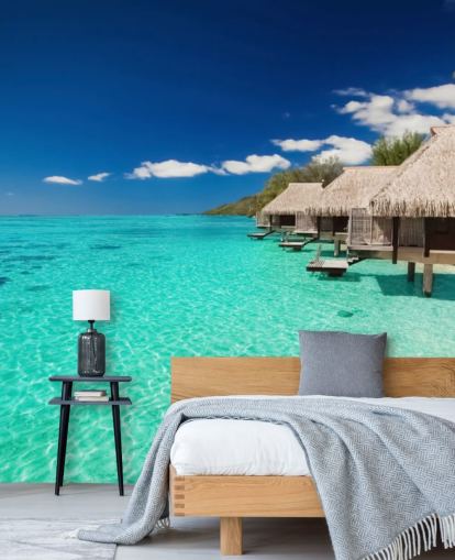 carta da parati murale con spiaggia tropicale blu chiamata Ocean View Villas per case, uffici e aziende