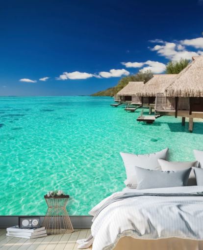 blå tropisk strand tapet vægmaleri kaldet Ocean View Villas til hjem, kontorer og virksomheder