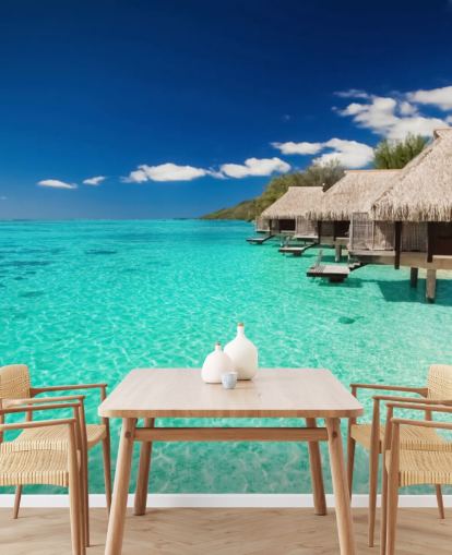 blå tropisk strand tapet väggmålning kallad Ocean View Villas för hem, kontor och företag blå tropisk strand tapet väggmålning kallad Ocean View Villas för hem, kontor och företag