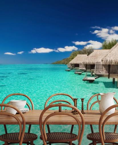 carta da parati murale con spiaggia tropicale blu chiamata Ocean View Villas per case, uffici e aziende