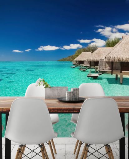 carta da parati murale con spiaggia tropicale blu chiamata Ocean View Villas per case, uffici e aziende