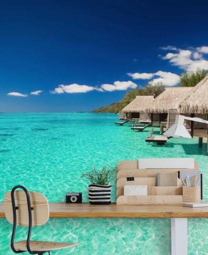 mural de papel pintado de playa tropical azul llamado Ocean View Villas para hogares, oficinas y negocios