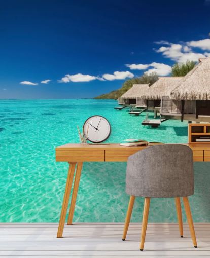 Blaues tropisches Strandtapeten-Wandbild namens Ocean View Villas für Häuser, Büros und Unternehmen