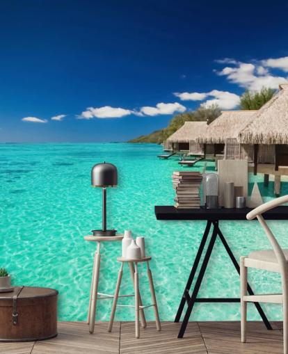 carta da parati murale con spiaggia tropicale blu chiamata Ocean View Villas per case, uffici e aziende