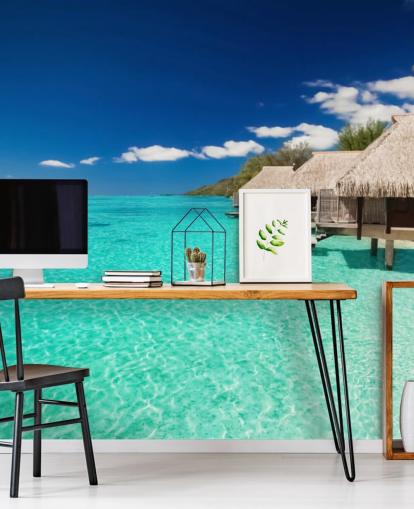 carta da parati murale con spiaggia tropicale blu chiamata Ocean View Villas per case, uffici e aziende