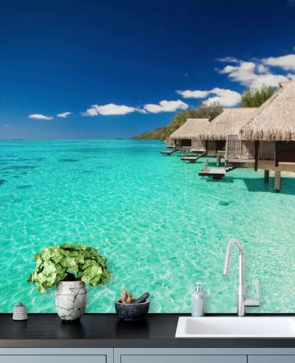 carta da parati murale con spiaggia tropicale blu chiamata Ocean View Villas per case, uffici e aziende