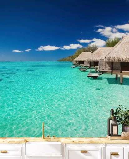 Blaues tropisches Strandtapeten-Wandbild namens Ocean View Villas für Häuser, Büros und Unternehmen Blaues tropisches Strandtapeten-Wandbild namens Ocean View Villas für Häuser, Büros und Unternehmen