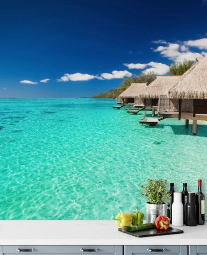 mural de papel pintado de playa tropical azul llamado Ocean View Villas para hogares, oficinas y negocios