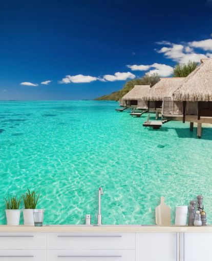 blue tropical beach wallpaper mural called Ocean View Villas for homes, offices and businesses