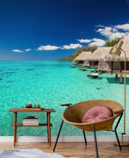 carta da parati murale con spiaggia tropicale blu chiamata Ocean View Villas per case, uffici e aziende