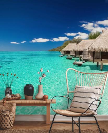 carta da parati murale con spiaggia tropicale blu chiamata Ocean View Villas per case, uffici e aziende