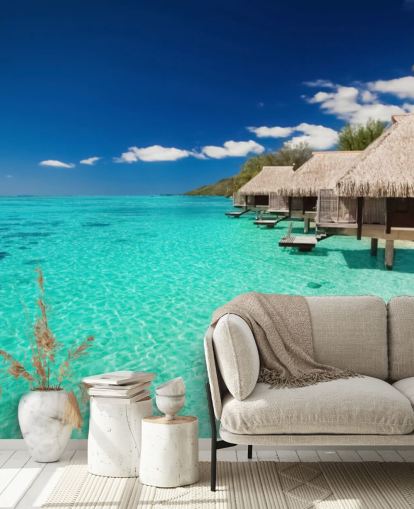 Blaues tropisches Strandtapeten-Wandbild namens Ocean View Villas für Häuser, Büros und Unternehmen Blaues tropisches Strandtapeten-Wandbild namens Ocean View Villas für Häuser, Büros und Unternehmen