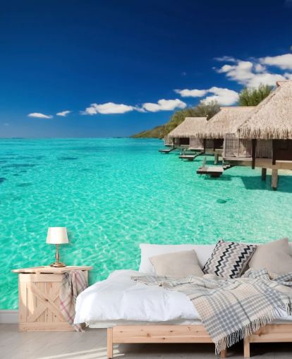 blå tropisk strand tapet väggmålning kallad Ocean View Villas för hem, kontor och företag blå tropisk strand tapet väggmålning kallad Ocean View Villas för hem, kontor och företag